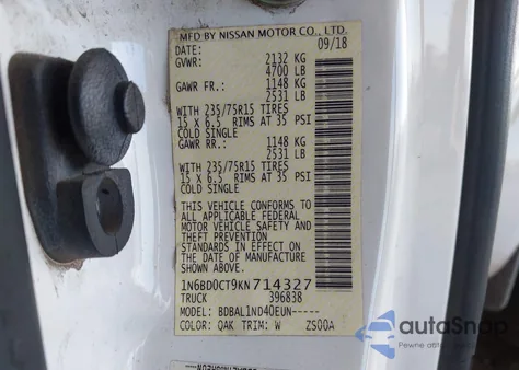 2019 Nissan Frontier S z USA, uszkodzony, nr VIN 1N6BD0CT9KN714327